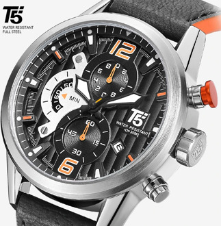 Leather Band Men Black T5 Quartz Chronograph Man Sport Waterproof Top Brand Luxury Watch Mens Watches Wristwatch