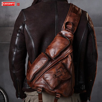 Leather Men's Triangle Chest Bag Retro Men Shoulder Slung Bag B6 Paratroopers Vintage Large Capacity Leather Soft Casual bags