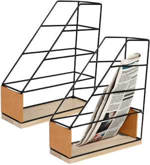 Lectuurbak/documenten opbergbak - 2x - zwart/beige - metaal/hout - L9 x B25 x H29 cm