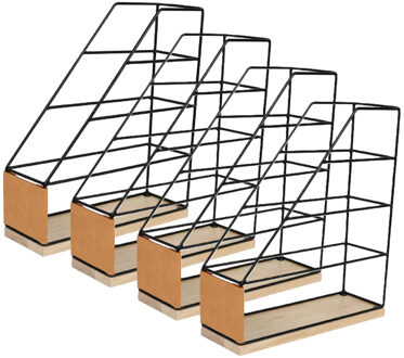 Lectuurbak/documenten opbergbak - 4x - zwart/beige - metaal/hout - L9 x B25 x H29 cm