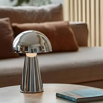 LED-batterijtafel lamp Nevijo, chroom, Ø20cm, USB, dimmer