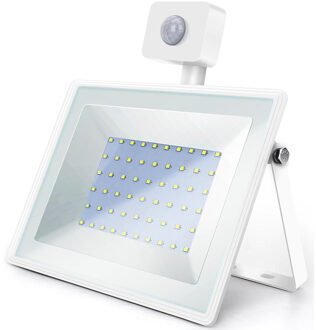 LED Bouwlamp 50 Watt met Sensor - LED Schijnwerper - Aigi Sunny - Helder/Koud Wit 6400K - Waterdicht IP65 - Mat Wit