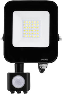 LED Bouwlamp met Bewegingssensor - LED Schijnwerper - Aigi Rekan - 20 Watt - Helder/Koud Wit 6500K - Waterdicht IP65 - Zwart
