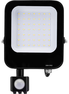 LED Bouwlamp met Bewegingssensor - LED Schijnwerper - Aigi Rekan - 30 Watt - Helder/Koud Wit 6500K - Waterdicht IP65 - Zwart