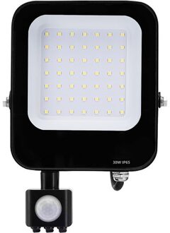 LED Bouwlamp met Bewegingssensor - LED Schijnwerper - Aigi Rekan - 30 Watt - Helder/Koud Wit 6500K - Waterdicht IP65 - Zwart