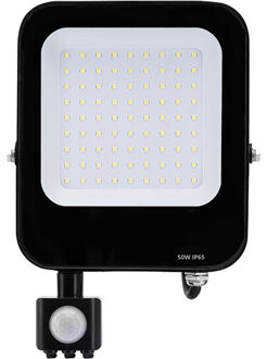 LED Bouwlamp met Bewegingssensor - LED Schijnwerper - Aigi Rekan - 50 Watt - Helder/Koud Wit 6500K - Waterdicht IP65 - Zwart