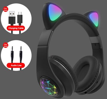 Led Cat Ear Noise Cancelling Hoofdtelefoon Bluetooth 5.0 Jongeren Kids Headset Ondersteuning Tf Card 3.5Mm Plug met Mic 01 zwart