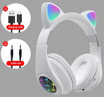 Led Cat Ear Noise Cancelling Hoofdtelefoon Bluetooth 5.0 Jongeren Kids Headset Ondersteuning Tf Card 3.5Mm Plug met Mic 02 wit