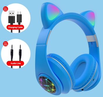 Led Cat Ear Noise Cancelling Hoofdtelefoon Bluetooth 5.0 Jongeren Kids Headset Ondersteuning Tf Card 3.5Mm Plug met Mic 03 blauw