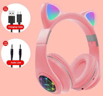 Led Cat Ear Noise Cancelling Hoofdtelefoon Bluetooth 5.0 Jongeren Kids Headset Ondersteuning Tf Card 3.5Mm Plug met Mic 04 roze