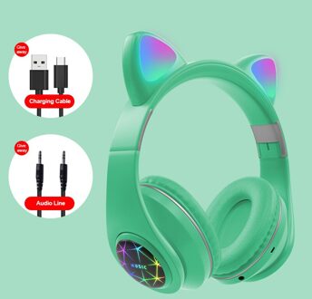 Led Cat Ear Noise Cancelling Hoofdtelefoon Bluetooth 5.0 Jongeren Kids Headset Ondersteuning Tf Card 3.5Mm Plug met Mic 05 groen