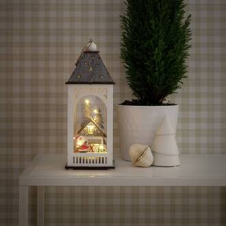 LED decoratie-lantaarn met huis en kerstman wit, grijs