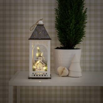 LED decoratie-lantaarn met kerk in winter wit, grijs
