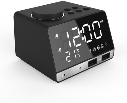 Led Digitale Dual Alarm Spiegel Klok Draadloze Bluetooth Bass Speaker Fm Radio + 2 Usb Charger Poorten Muziek Snooze temperatuur blak UK plug
