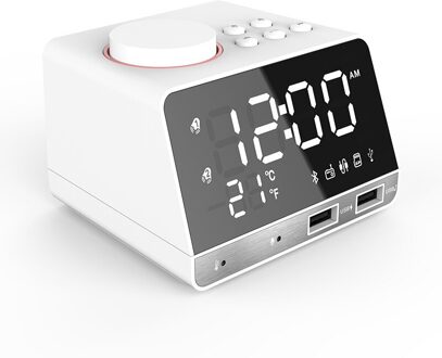 Led Digitale Dual Alarm Spiegel Klok Draadloze Bluetooth Bass Speaker Fm Radio + 2 Usb Charger Poorten Muziek Snooze temperatuur wit EU plug