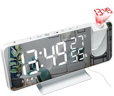 Led Digitale Wekker Horloge Tafel Elektronische Desktop Klokken Usb Wakker Fm Radio Tijd Projector Snooze Functie 2 Alarm wit