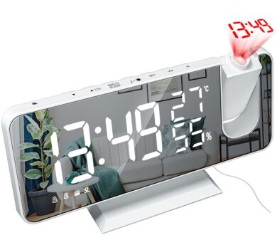 Led Digitale Wekker Horloge Tafel Elektronische Desktop Klokken Usb Wakker Fm Radio Tijd Projector Snooze Functie 2 alarm wit