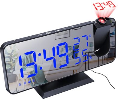 Led Digitale Wekker Horloge Tafel Elektronische Desktop Klokken Usb Wakker Fm Radio Tijd Projector Snooze Functie 2 alarm zwart-blauw