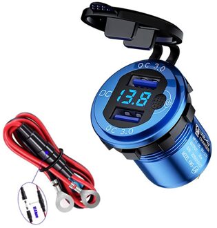 Led Display 36W QC3.0 Auto Aansteker Plug Metalen Waterdichte Universele Motorfiets Truck Usb Charger Socket Voor Telefoon Tablet blauw-kabel