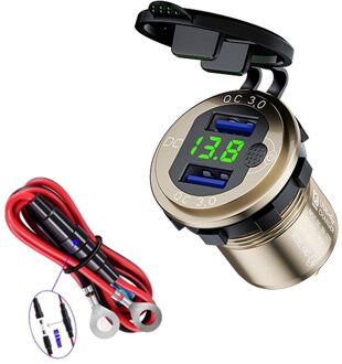 Led Display 36W QC3.0 Auto Aansteker Plug Metalen Waterdichte Universele Motorfiets Truck Usb Charger Socket Voor Telefoon Tablet goud-kabel