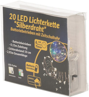 LED draadverlichting - zilver - 2 meter - met gekleurd licht - op batterijen - met timer