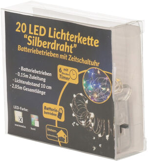 LED draadverlichting - zilver - 2 meter - warm wit - op batterijen - met timer