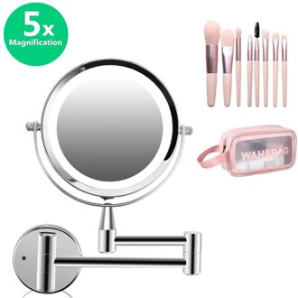 Led Dubbelzijdig Vergrootglas Make-Up Spiegel, 6.0 "15Cm Diameter 1X/5X Verstelbare Wandmontage 360 Roterende Uitschuifbare Draaibare Spiegel met Gift