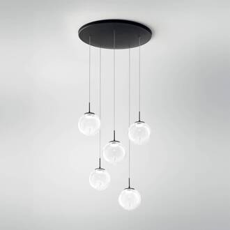 LED hanglamp Ariel, 5-lamps, rond, stappendimmer, CCT zwart, transparant