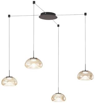 LED hanglamp Brena, 4-lamps, cognac, glas, CCT, dimbaar cognac, zwart