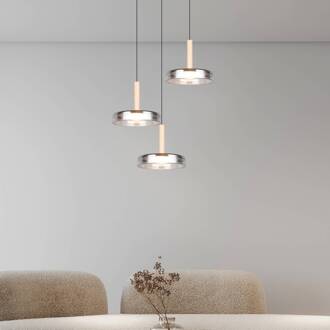 LED hanglamp Celeste, chroom/hout, Ø 35 cm 3-lamps glas dimbaar chroom, licht hout, zwart
