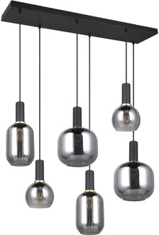 LED Hanglamp - Hangverlichting - Trion Pala - 6x Lichtpunten - E27 Fitting - Verchroomd Glas - Mat Zwart - Metaal