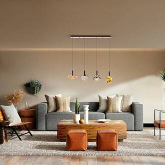 LED hanglamp Scarlett, kleurrijk, lengte 108 cm, glas, 4-lamps. amber, koper, transparant, zilver, brons