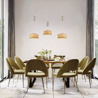 LED hanglamp Shine-Wood, eiken/nikkel, lengte 100 cm 3-lamps. eiken naturel geolied, mat nikkel, chroom