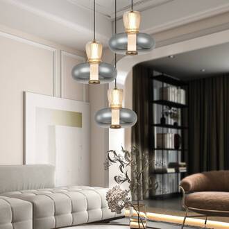 LED hanglamp Sire, Ø 42 cm rook/brons metaal/glas 3-lamps. amber, rookgrijs, zwart, brons