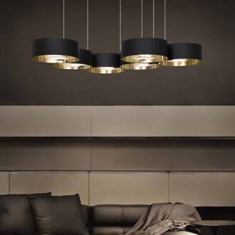 LED hanglamp Sound Or6, 6-lamps, zwart, Up&Down zwart, mat messing