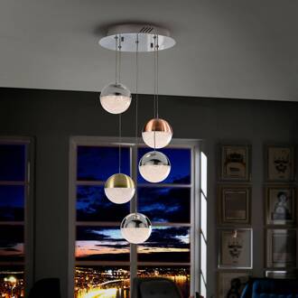 LED hanglamp Sphere, multicolour, 5-lamps chroom, gesatineerd koper, gesatineerd messing