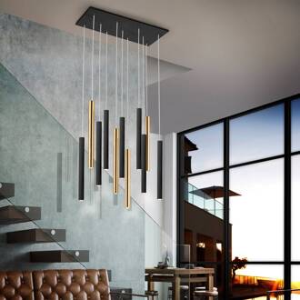 LED hanglamp Varas dimbaar, 11-lamps, goud/zwart, metaal zwart, goud