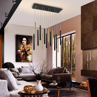 LED hanglamp Varas dimbaar, 14-lichts, goud/zwart, metaal zwart, goud