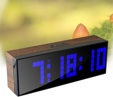 Led Houten Klok Digitale Hout Muur Horloge Grote Scherm Dual Alarm Horloge Nachtkastje Snooze Kookwekker Kantoor Temperatuur Datum timer Blauw