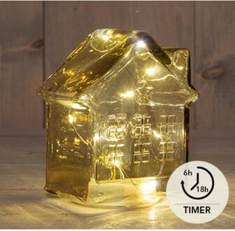 LED Huisje glas amber H14cm geel