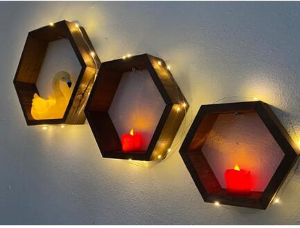Led Illuminated Hexagonal Wooden Decorative Wall Shelf Bookcase 3'lü Set