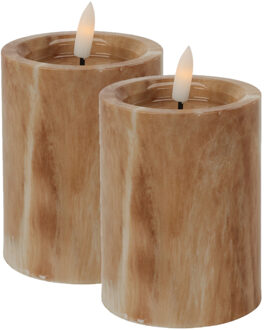 LED kaars/stompkaars - 2x st - bruin marmer look - D7,5 x H10 cm