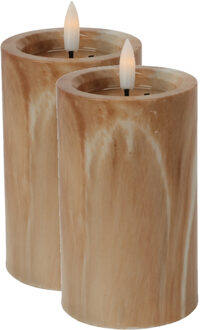LED kaars/stompkaars - 2x st- bruin marmer look - D7,5 x H12,5 cm