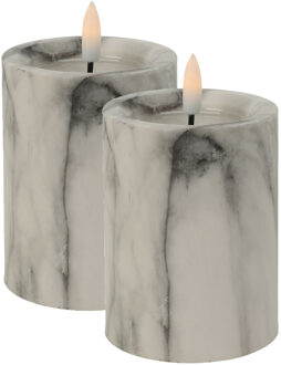 LED kaars/stompkaars - 2x st - wit/grijs marmer look - D7,5 x H10 cm