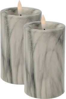 LED kaars/stompkaars - 2x st - wit/grijs marmer look - D7,5 x H12,5 cm