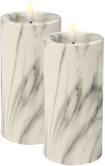 LED kaars/stompkaars - 2x st- wit/grijs marmer look - D7,5 x H15 cm