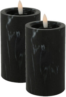 LED kaars/stompkaars - 2x st- zwart marmer look - D7,5 x H12,5 cm