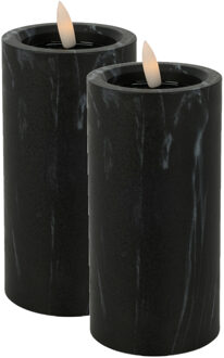 LED kaars/stompkaars - 2x st- zwart marmer look - D7,5 x H15 cm