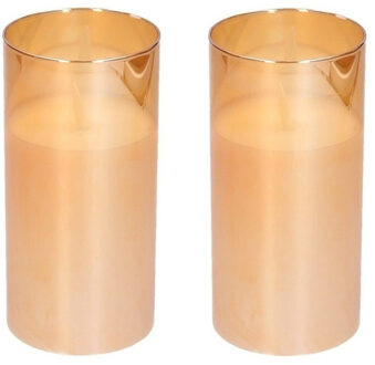LED kaars/stompkaars in gouden glas 15 cm flakkerend 2 stuks