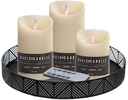 LED kaarsen - 3x st - creme wit - met zwart rond dienblad 29,5 cm - LED kaarsen Crème